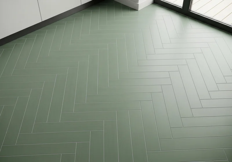Herringbone tile pattern in warm sage-green matte porcelain on a kitchen floor in a West Michigan home