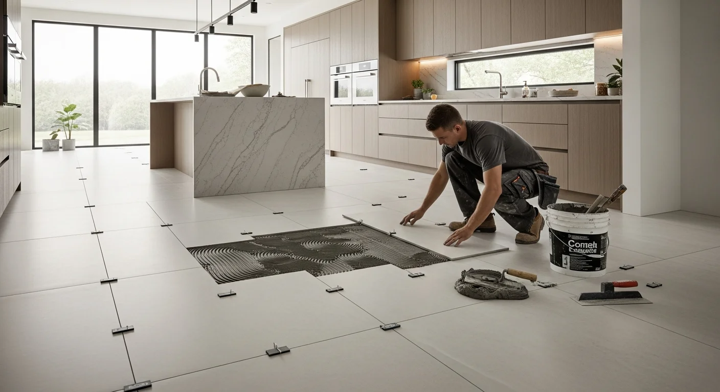 Large format 24x48 inch porcelain tile floor installation in progress in an open concept Grand Rapids kitchen