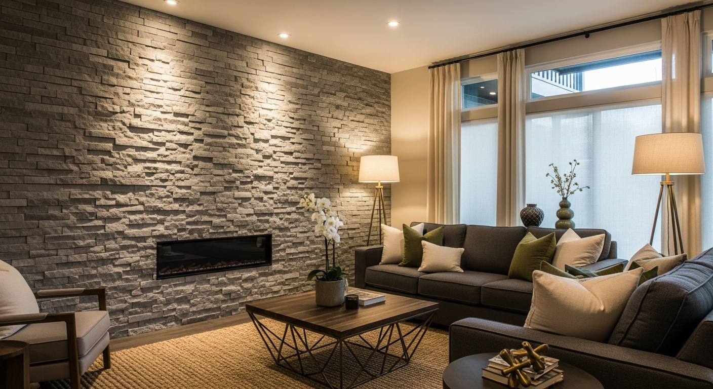 Stacked ledger stone accent wall installed in a West Michigan living room behind a large sectional sofa