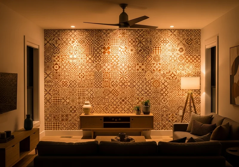 Large format porcelain tile accent wall behind a sofa in an open concept West Michigan living room