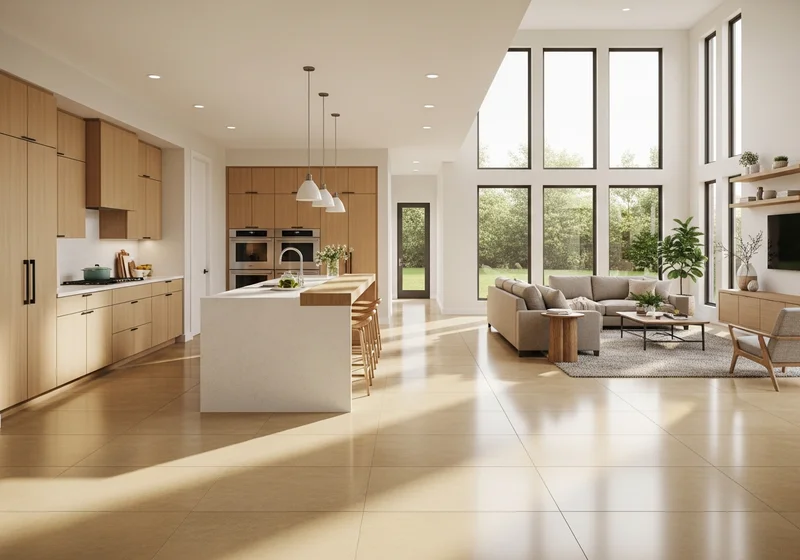 Warm honey-sand large-format porcelain tile flowing continuously through a bright open-concept kitchen and living area in a West Michigan home