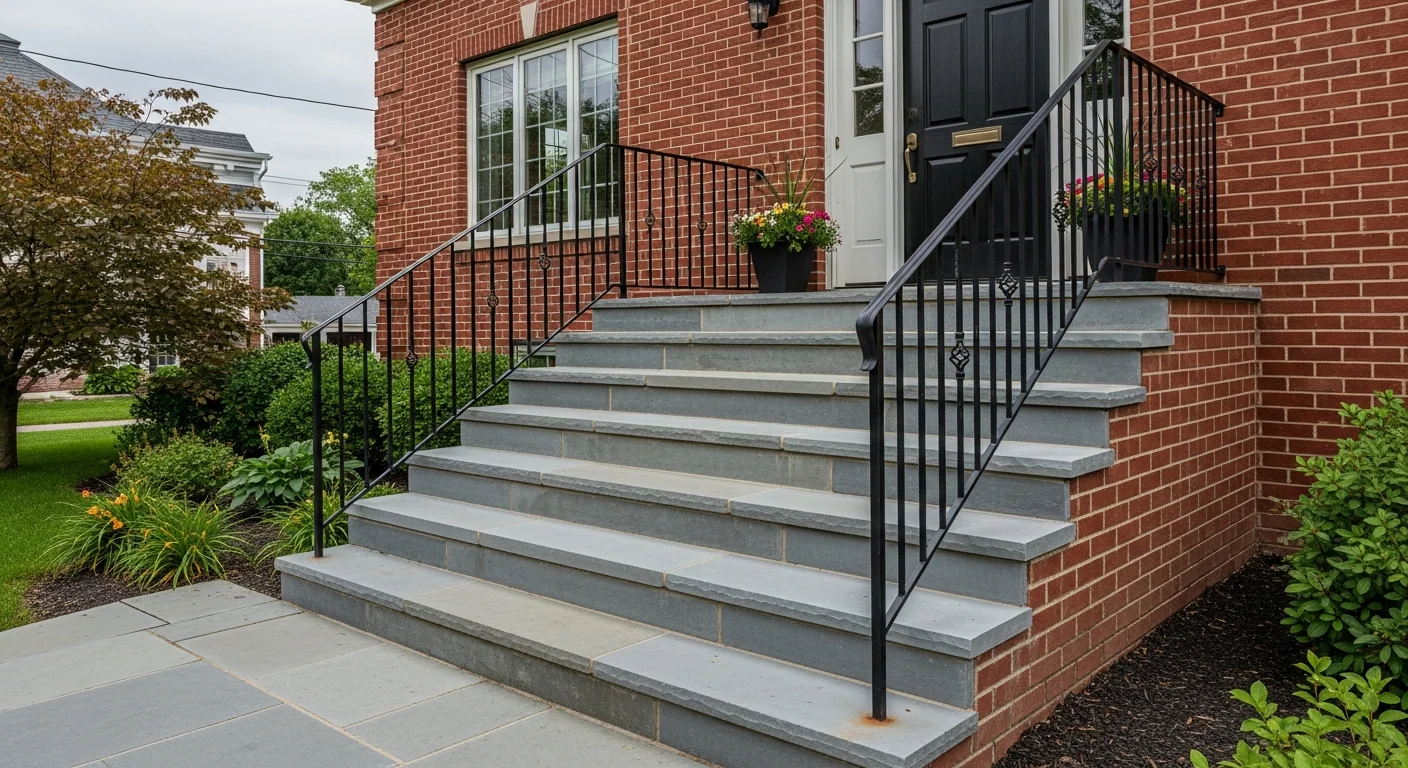 Stone porch steps with wrought iron railings on a red brick Michigan home