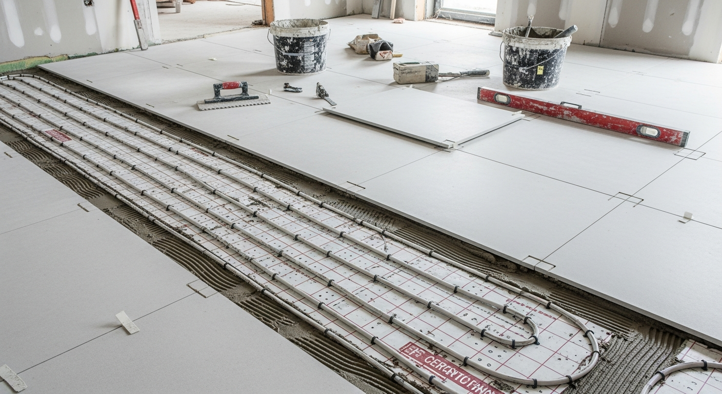 Radiant heat electric mat being installed under large-format porcelain tile floor in a West Michigan home