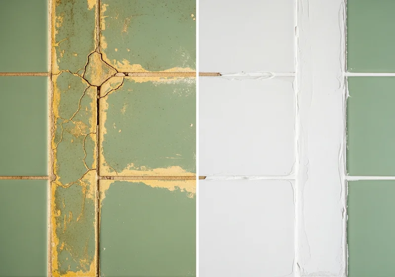 Cracked tile grout being removed from a kitchen backsplash before professional repair in a Grand Rapids home