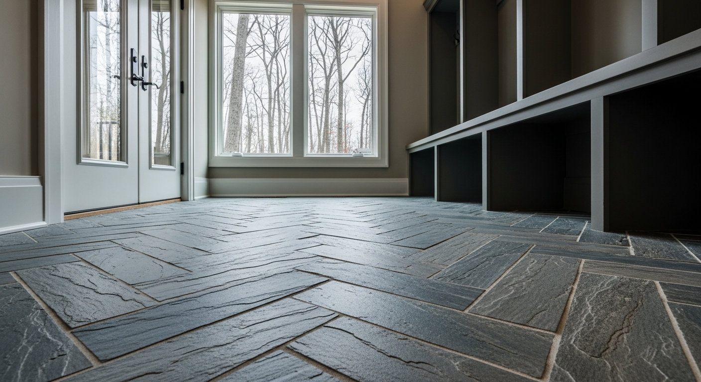 Slate herringbone stone tile flooring in a luxury mudroom entryway in Cascade Michigan