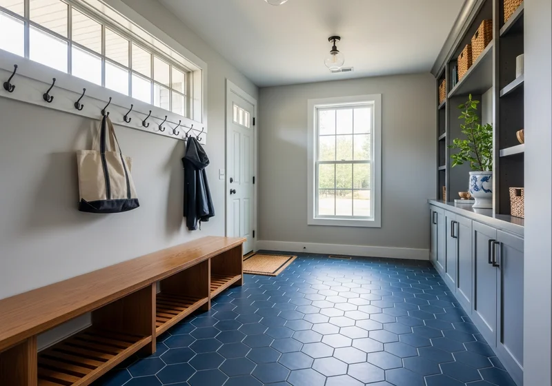 Slate-look porcelain tile entryway floor with bench and coat hooks in a West Michigan home