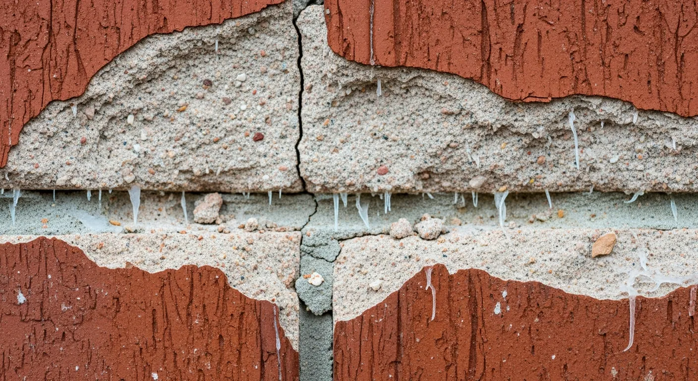 Close-up of spalling brick damage showing flaking and deterioration