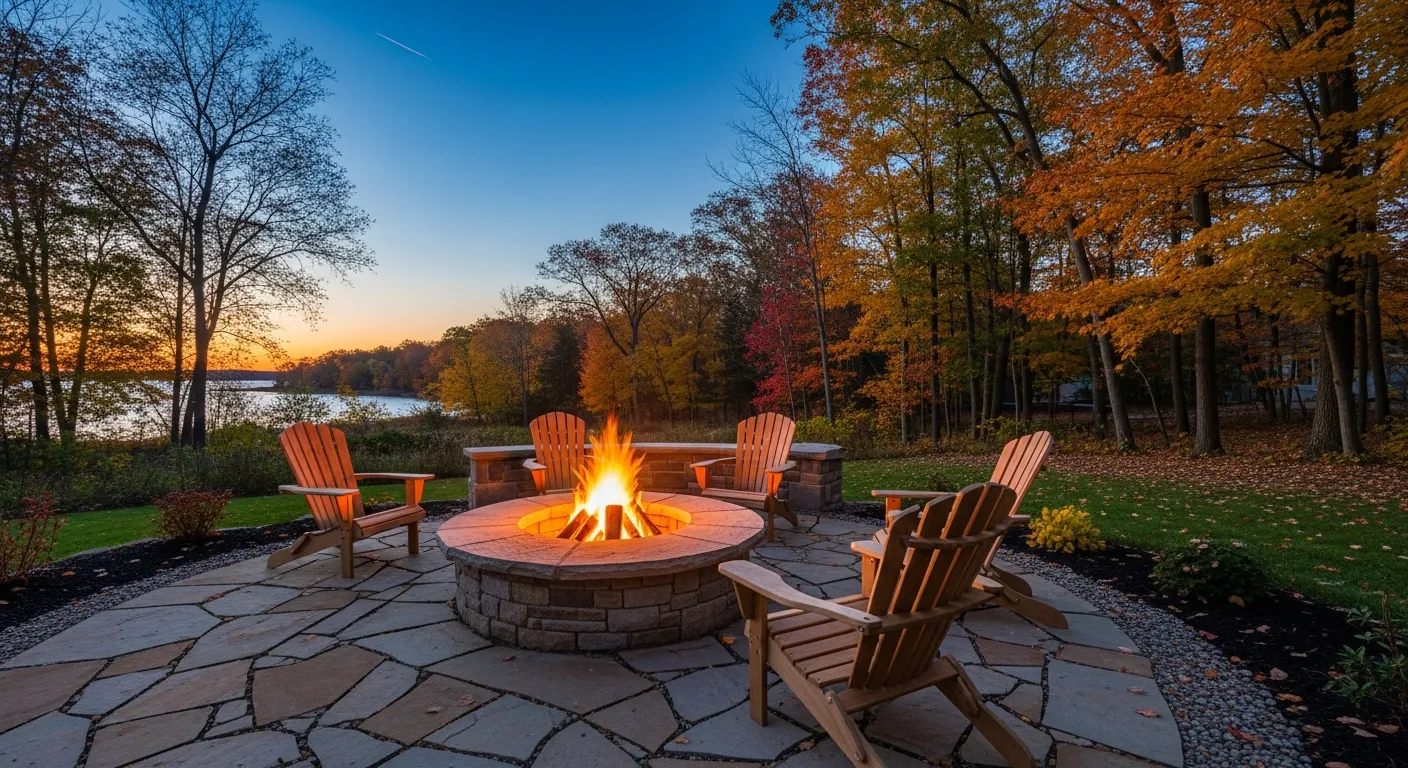 Beautiful stone fire pit in Michigan backyard evening setting