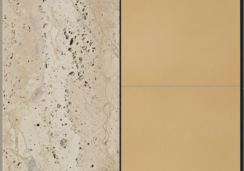 Side by side comparison of natural travertine tile flooring and porcelain lookalike tile in a West Michigan home