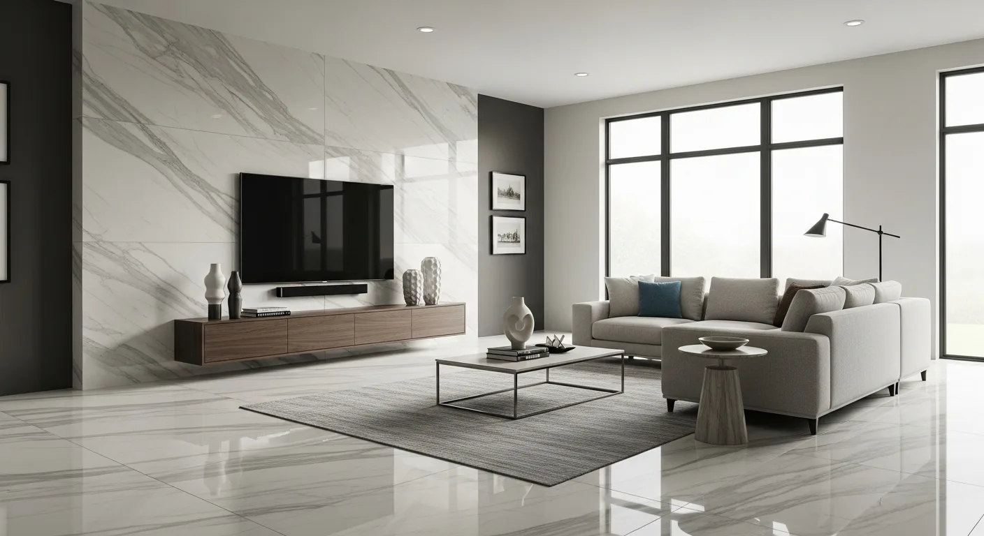 Large format tile accent wall installation in a Grand Rapids Michigan living room