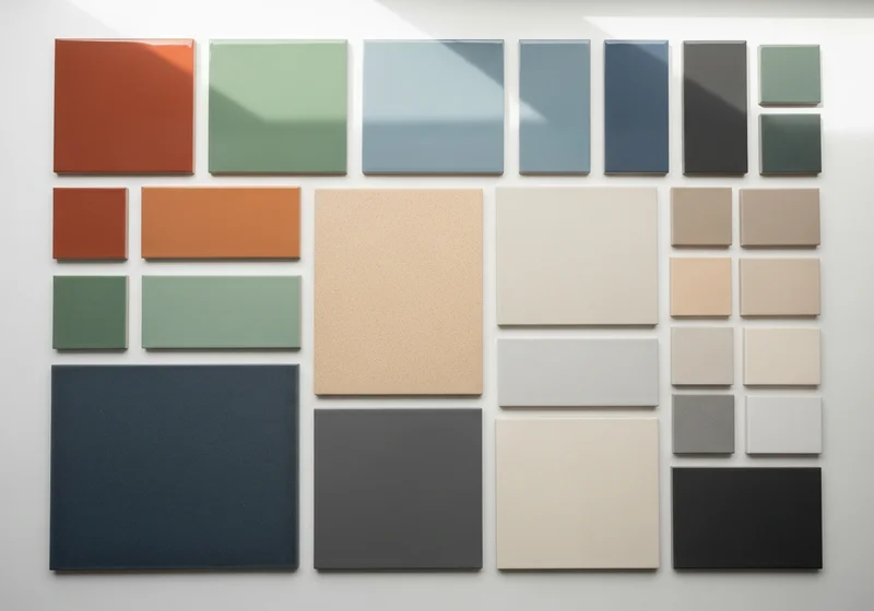 Overhead flat-lay of colorful tile color samples including terracotta, sage green, slate blue, sandy beige, and charcoal for a West Michigan home