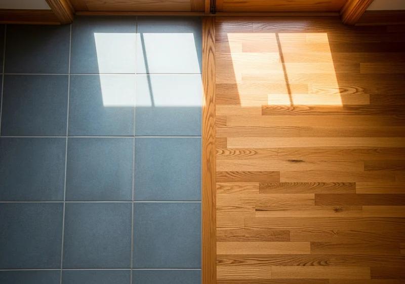 Kitchen floor showing the transition between warm slate-blue ceramic tile and honey-oak hardwood in a West Michigan home