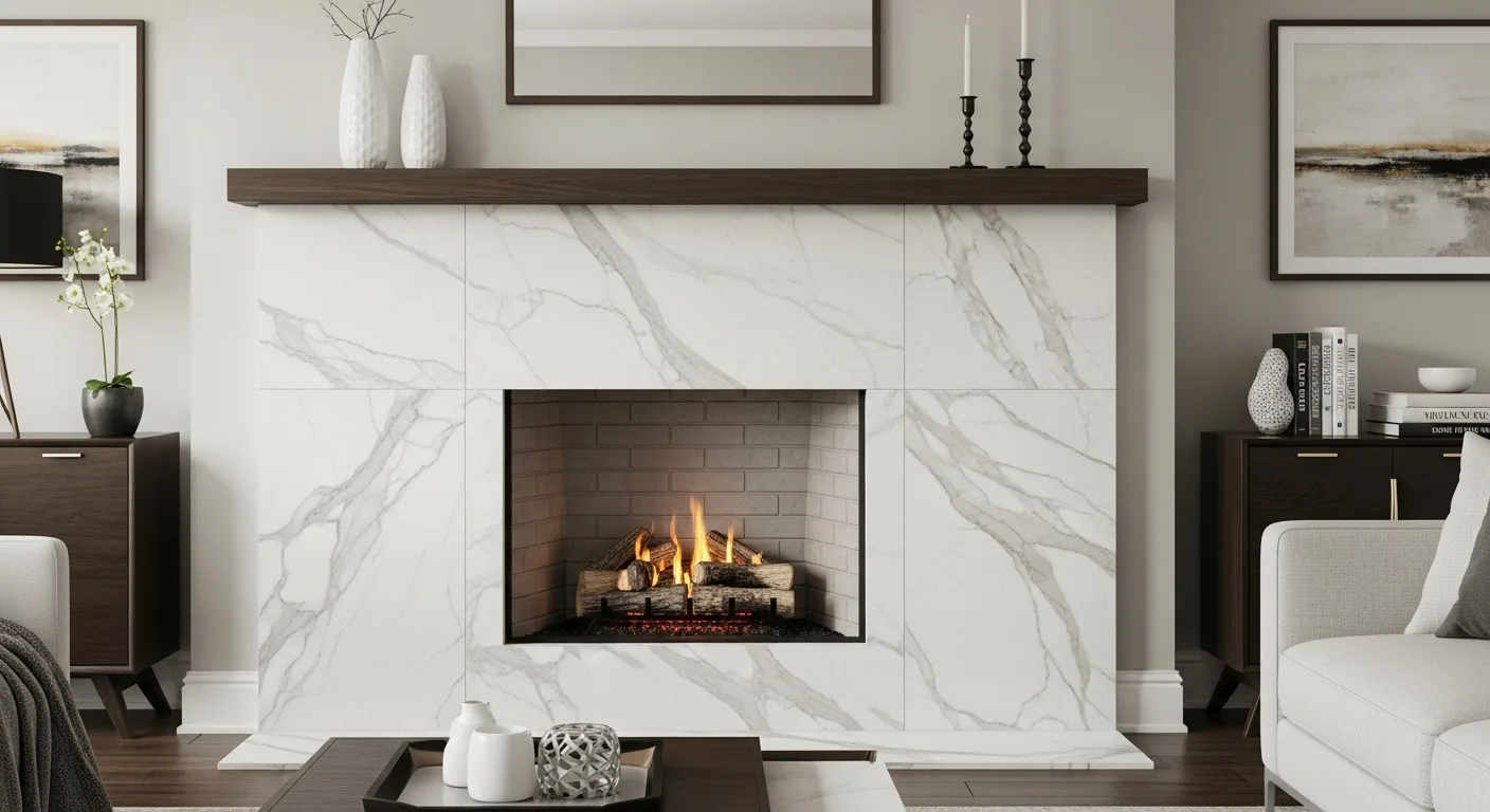 Tile fireplace surround installation over existing brick in a Grand Rapids Michigan living room