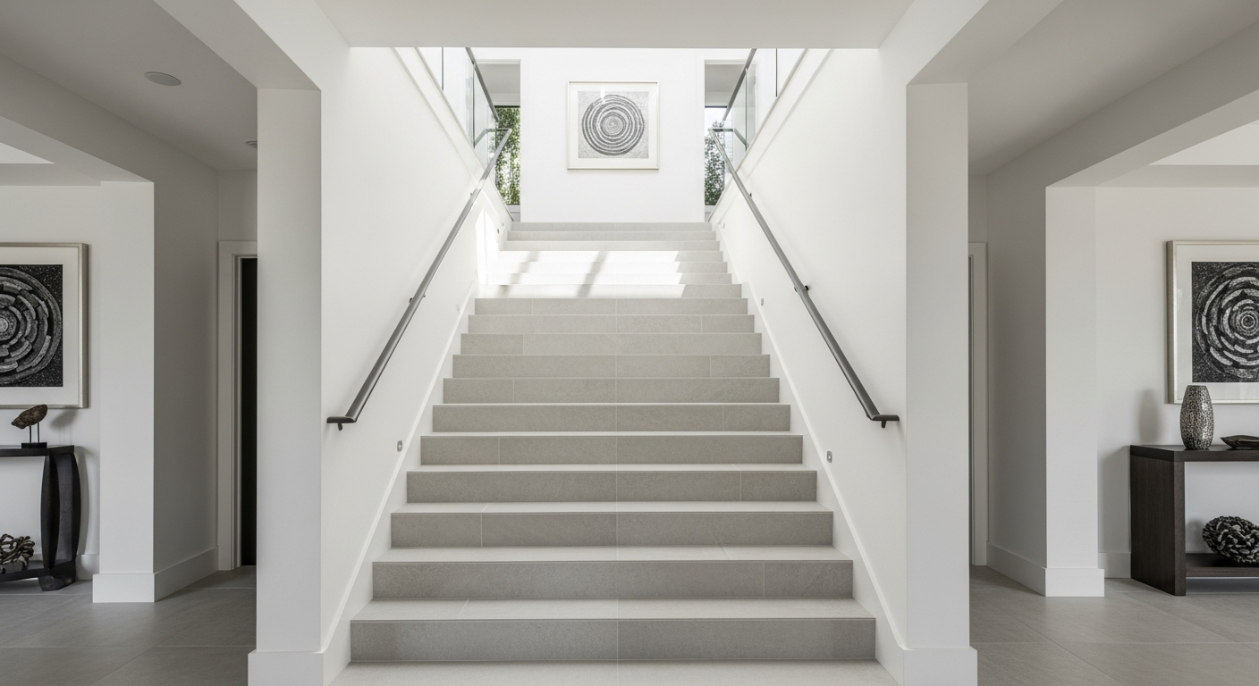 Large-format porcelain tile installed on interior stair treads and risers in a West Michigan home foyer