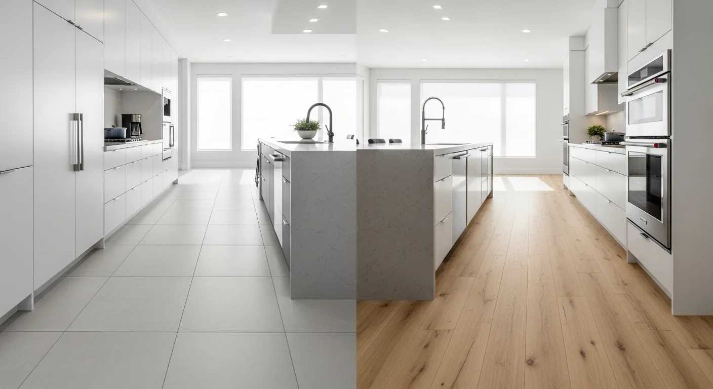 Side by side comparison of large format porcelain tile floor and luxury vinyl plank flooring in West Michigan homes