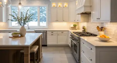 Completed kitchen tile backsplash and floor installation in a West Michigan home in winter