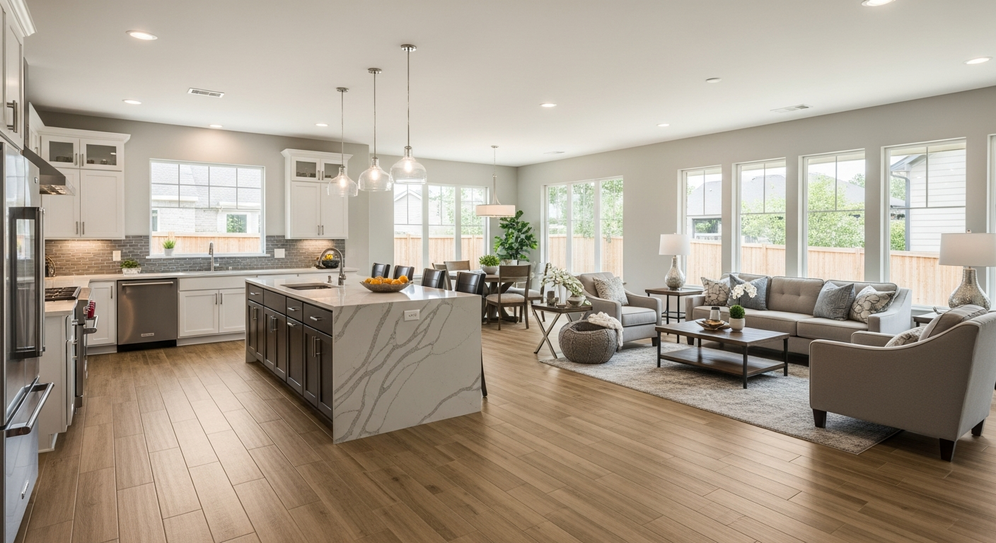Wood-look porcelain plank tile floor installed in a West Michigan kitchen and living area with warm oak grain finish