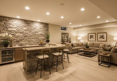 Finished basement with stone veneer bar and accent wall in a Grand Rapids Michigan home
