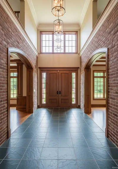 Bluestone slate tile flooring with brick accent walls in a luxury East Grand Rapids home entryway