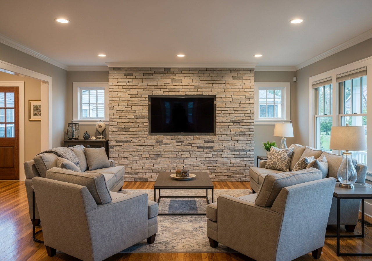 Stacked stone veneer accent wall in a finished Grand Rapids basement with modern decor