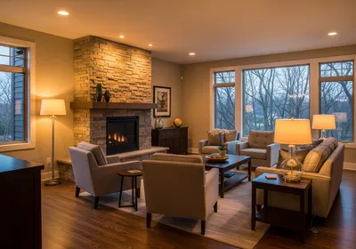 Natural stone veneer fireplace surround and accent wall in an East Grand Rapids Michigan living room