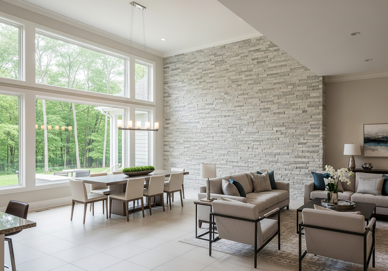 Light grey thin-cut stone veneer accent wall in a luxury Ada Michigan home with vaulted ceilings