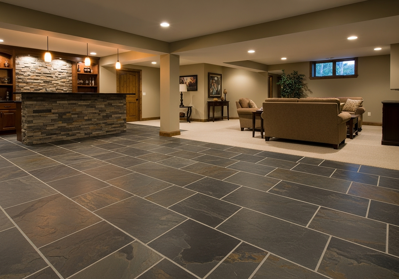 Finished basement with stone veneer bar front and slate flooring in Kentwood Michigan