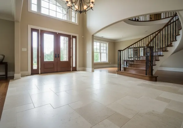 Limestone tile flooring in grand foyer entryway East Grand Rapids Michigan - curved staircase chandelier