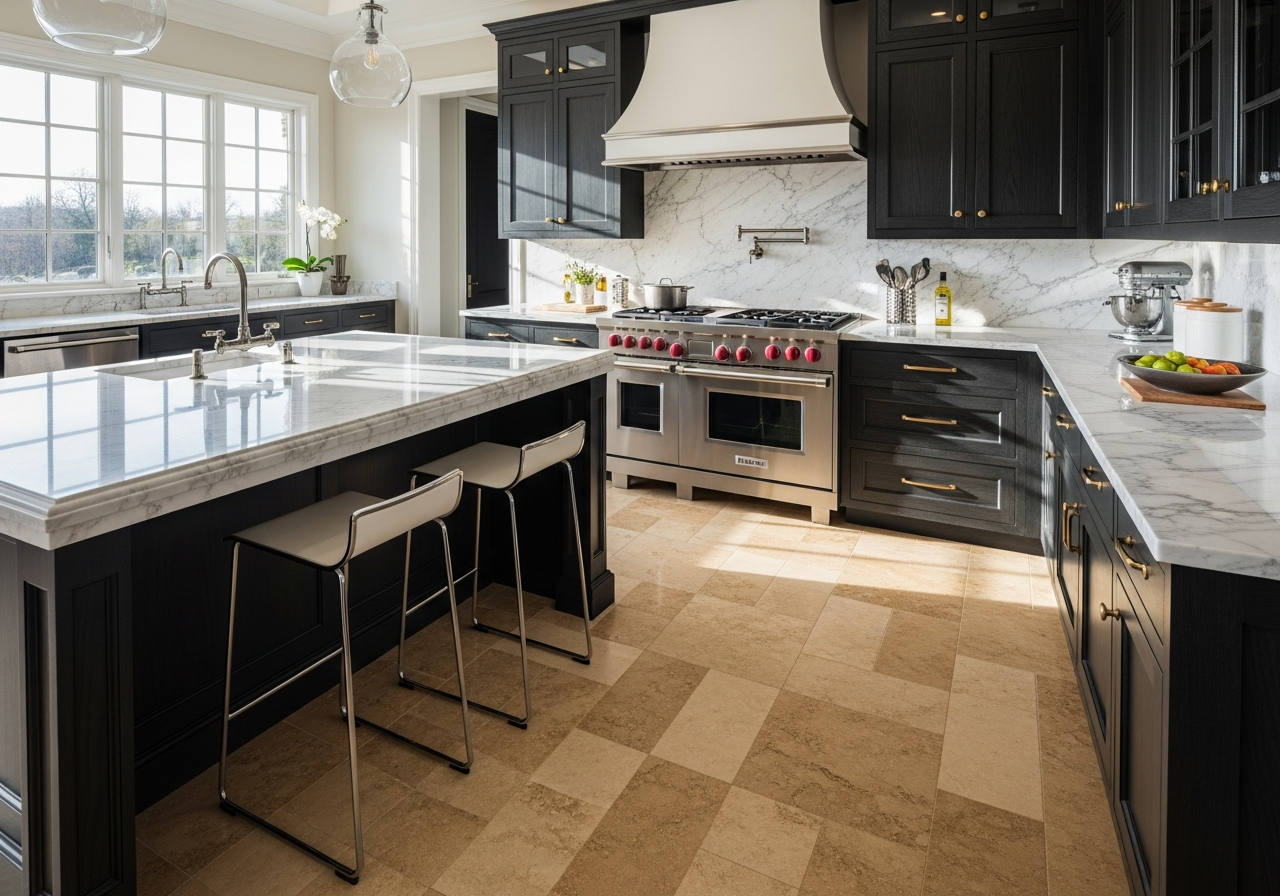 Travertine stone tile flooring in ultra-luxury kitchen Ada Michigan - warm honey-beige natural stone with custom cabinetry
