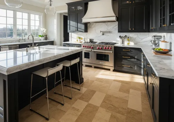 Travertine stone tile flooring in ultra-luxury kitchen Ada Michigan - warm honey-beige natural stone with custom cabinetry