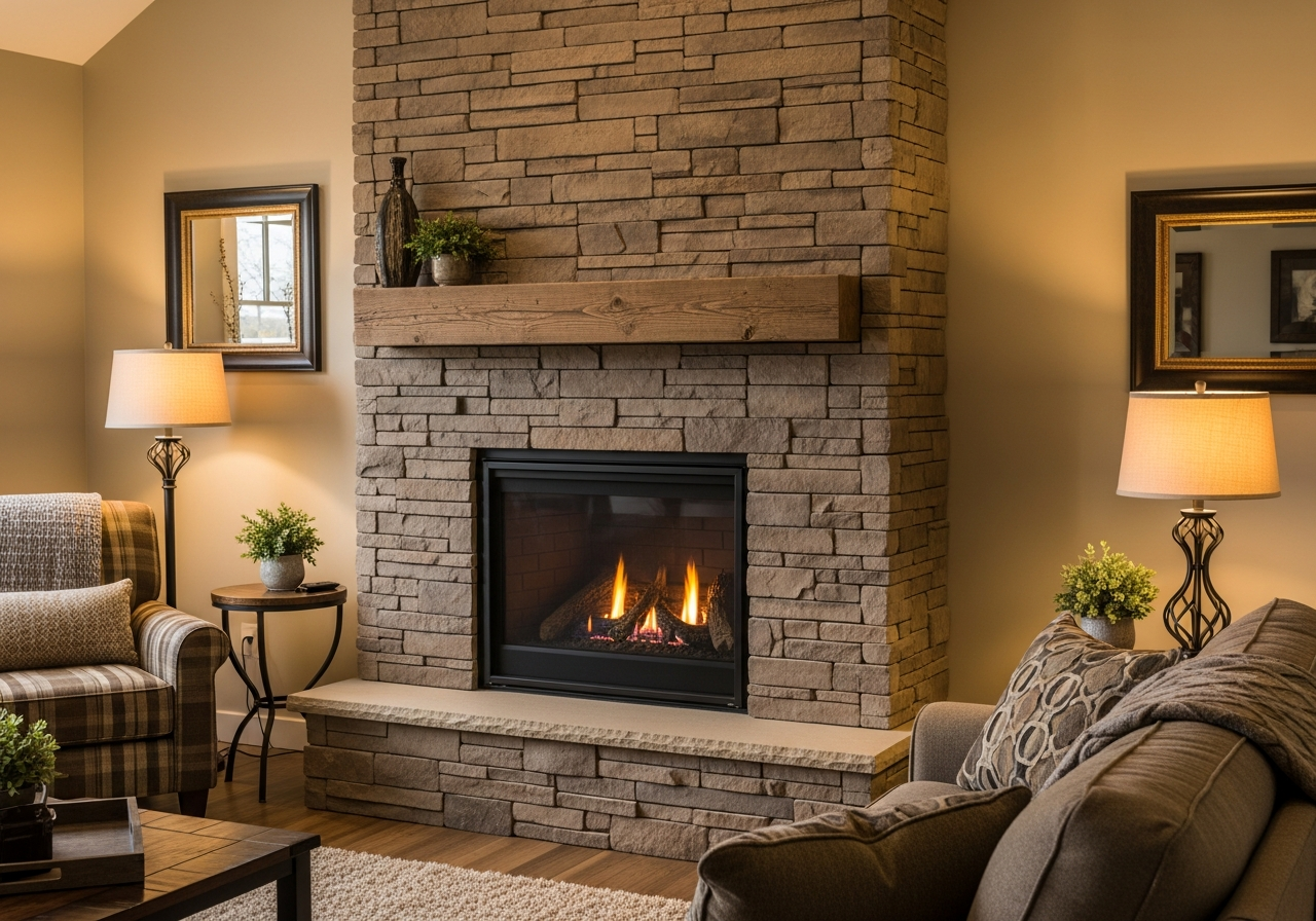 Floor-to-ceiling natural stone veneer feature wall in West Michigan living room