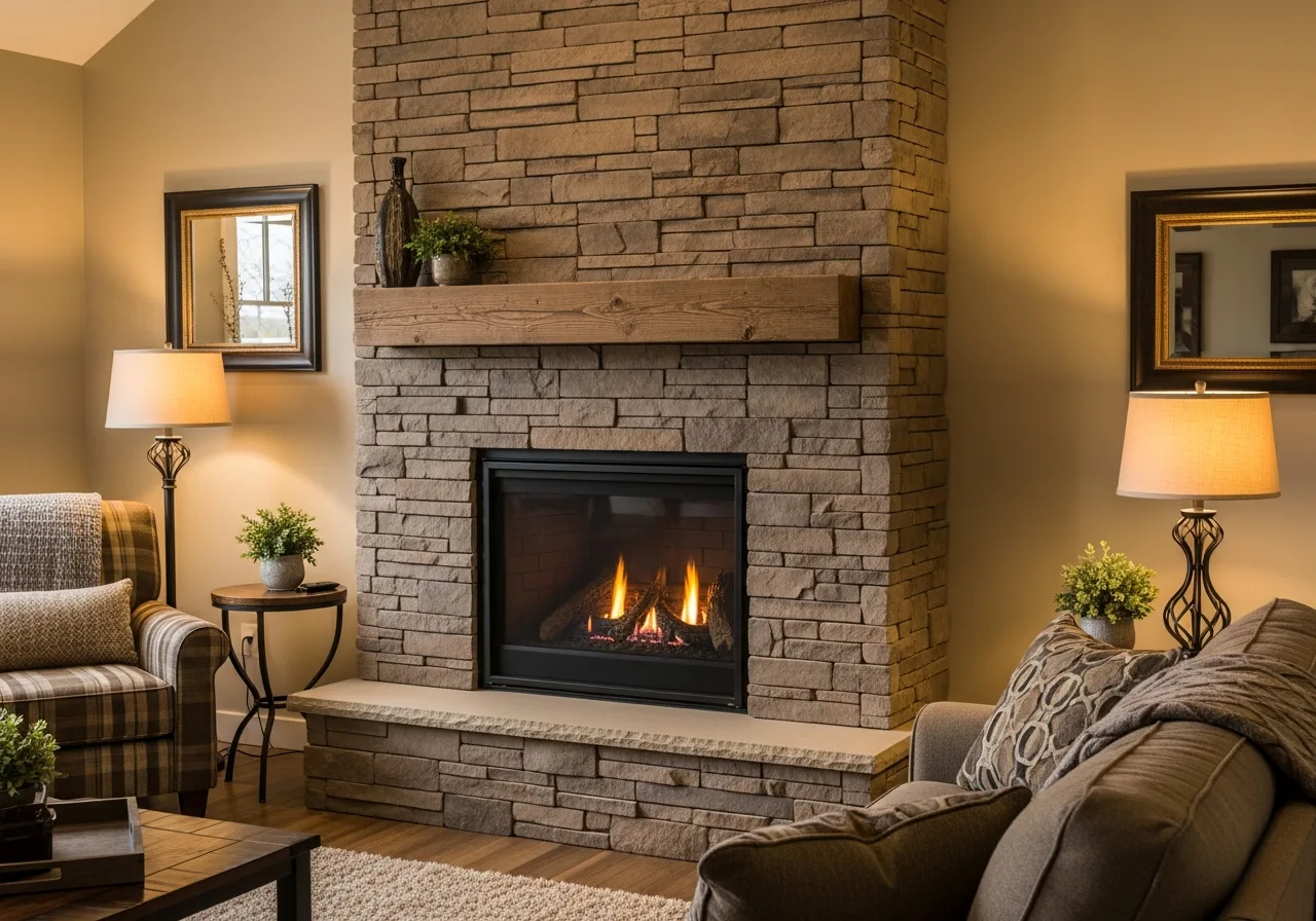 Large format smooth-cut limestone panels around a modern linear gas fireplace in a luxury Ada Michigan great room with coffered ceilings
