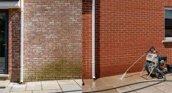 Brick wall before and after professional masonry cleaning in Grand Rapids Michigan