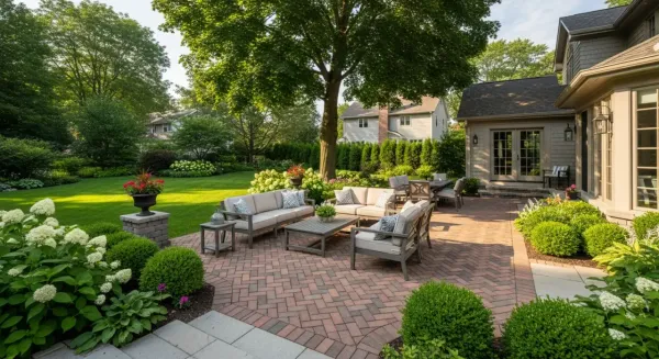 Stone walkway connecting to paver patio at Grand Rapids residential property