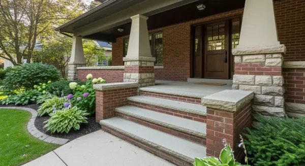 Porch repair Grand Rapids MI - new brick front porch with stone steps on craftsman home