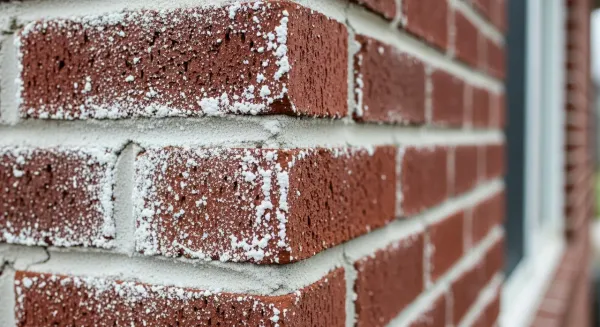 Efflorescence white salt deposits on brick wall requiring professional cleaning