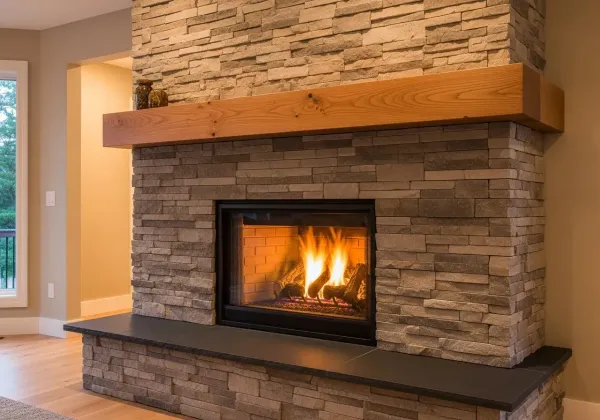 Stone veneer fireplace refacing Grand Rapids MI - stacked stone over existing brick surround
