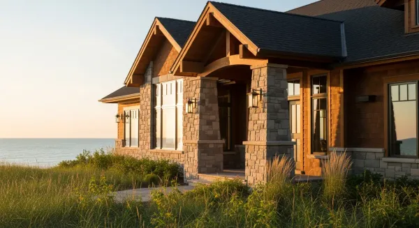Natural stone masonry veneer on Lake Michigan home exterior West Michigan