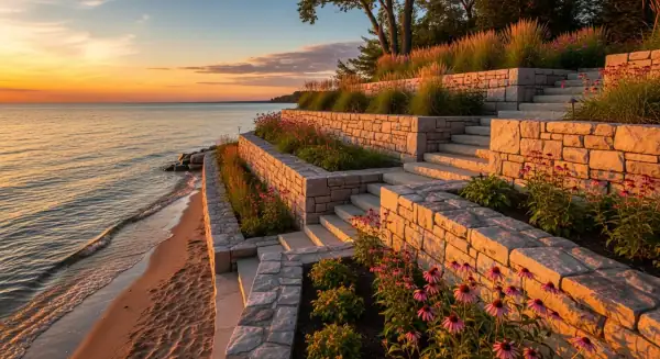 Natural stone retaining wall with steps leading to Lake Michigan beach - landscaped terraces Grand Haven MI