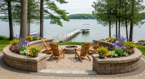 Brick paver patio at Michigan cottage lake house - curved seating wall with dock view Crystal Lake