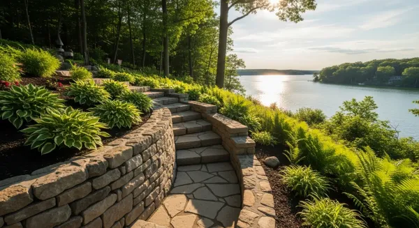 Curved fieldstone retaining wall on hillside cottage property - overlooking Charlevoix Lake Michigan