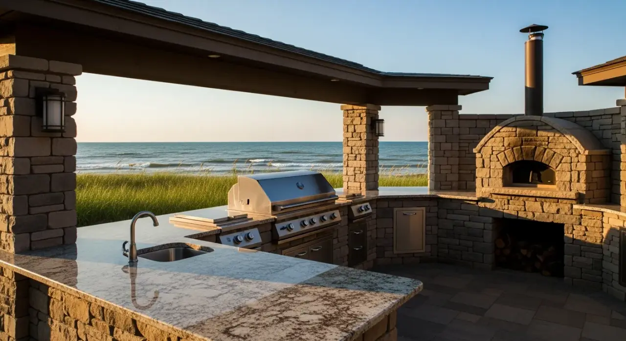 Custom stone outdoor kitchen with built-in grill overlooking Lake Michigan