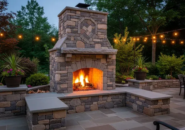 River rock stone masonry fireplace construction in West Michigan home