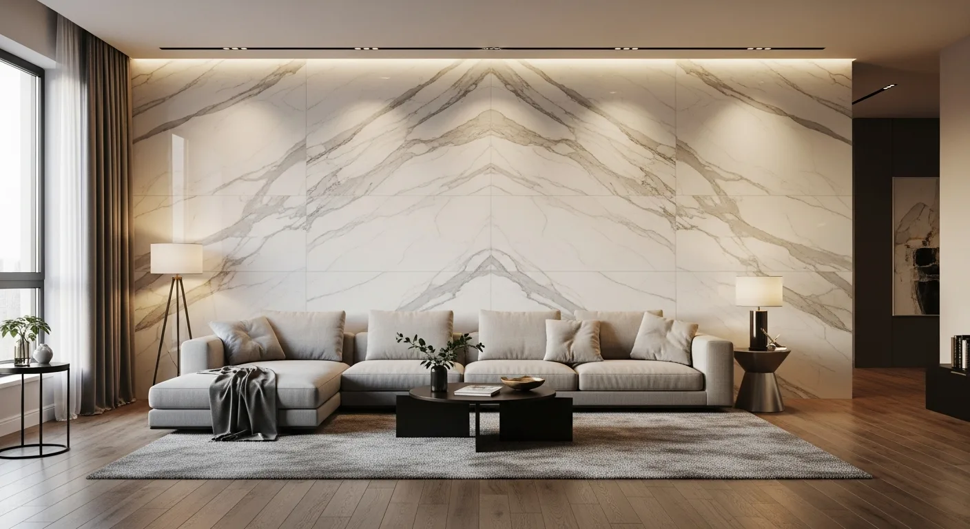 Large-format tile accent wall installation in a Grand Rapids living room