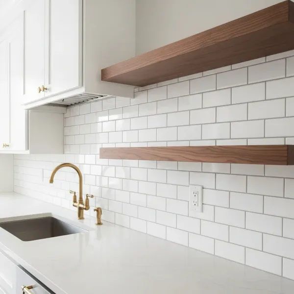 White subway tile backsplash in a luxury Grand Rapids kitchen with quartz counters and walnut cabinets