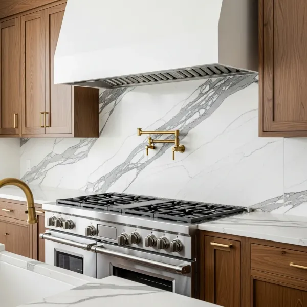Marble-look porcelain full-height backsplash behind a gas range in a Forest Hills kitchen