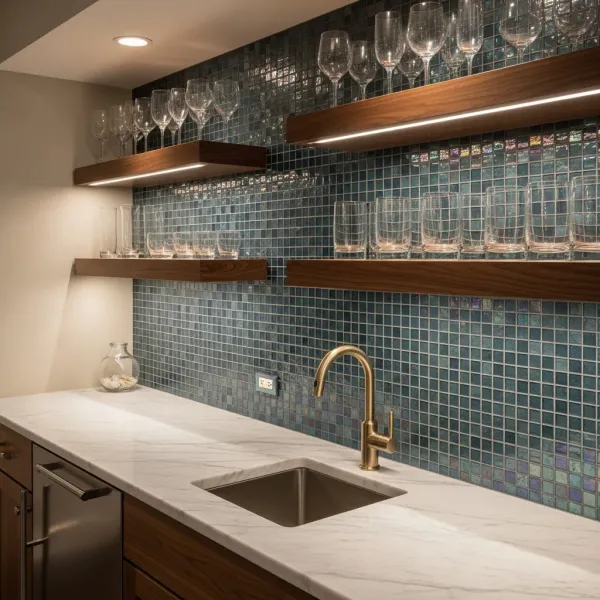 Glass mosaic backsplash tile in a basement wet bar with floating shelves in Cascade Michigan