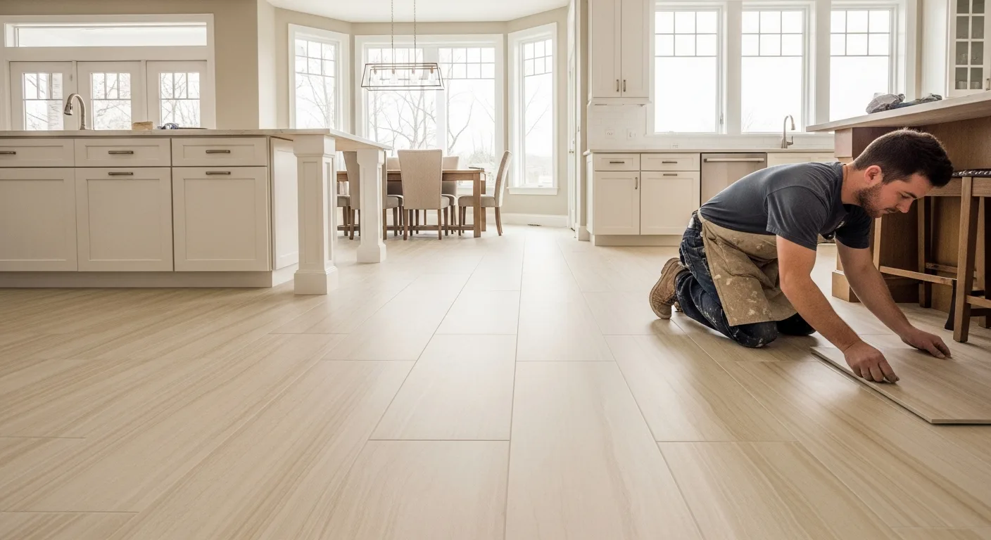 Large format porcelain tile floor installation in a West Michigan home