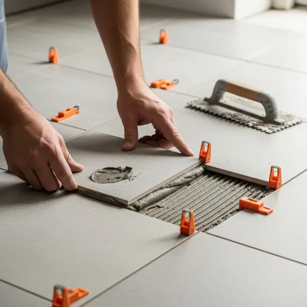 Replacement tile being set into a kitchen porcelain floor in a Grand Rapids home