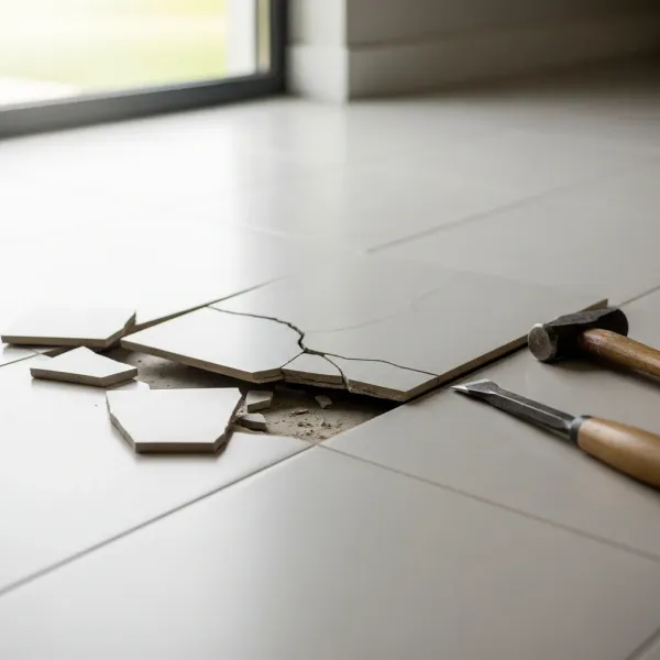 Cracked tile being removed from a foyer floor before repair in a West Michigan home